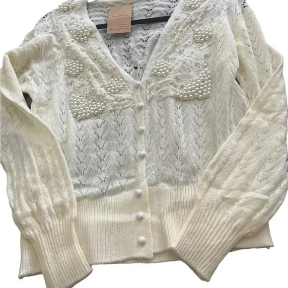 Vintage Style Pearl Encrusted Boho Cable Stitch Crème Cardigan Sweater New M - Picture 7 of 7